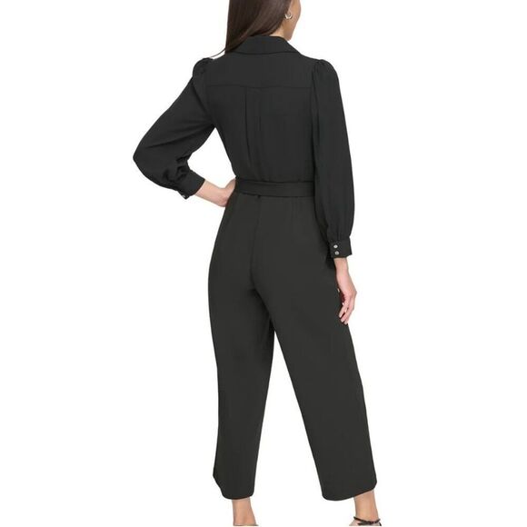 DKNY Women's Collared Tie-Waist Long-Sleeve Jumpsuit Black 2 NWT - Picture 3 of 16